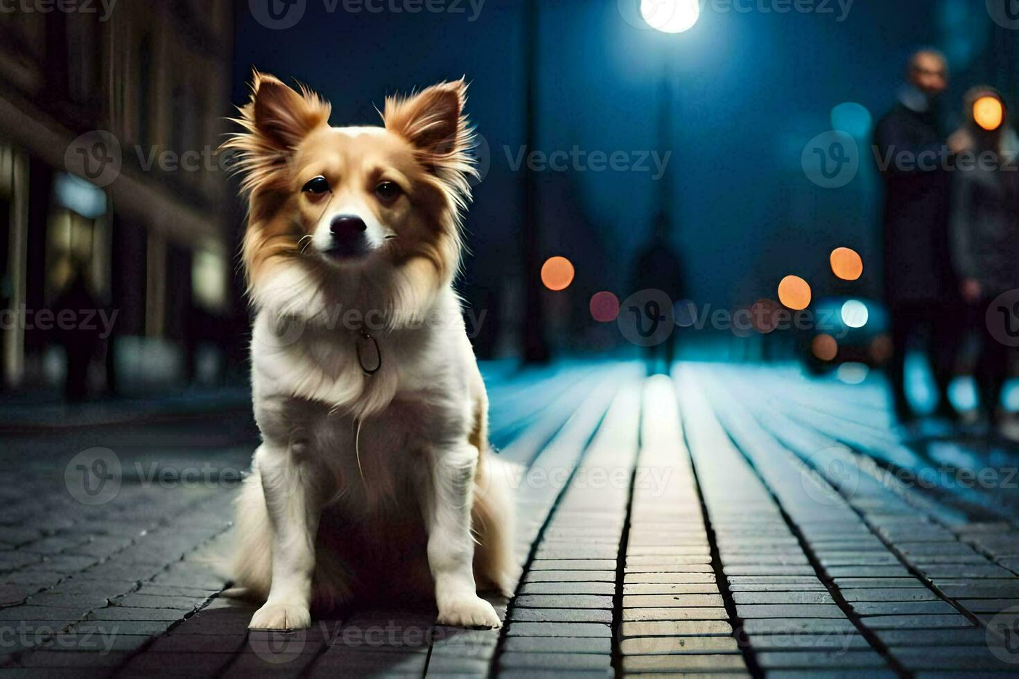 a dog sitting on the street at night. AI-Generated photo