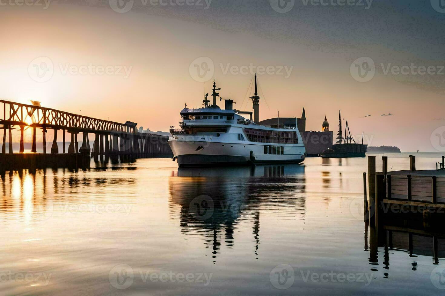a boat is docked at a pier in front of a building. AI-Generated photo