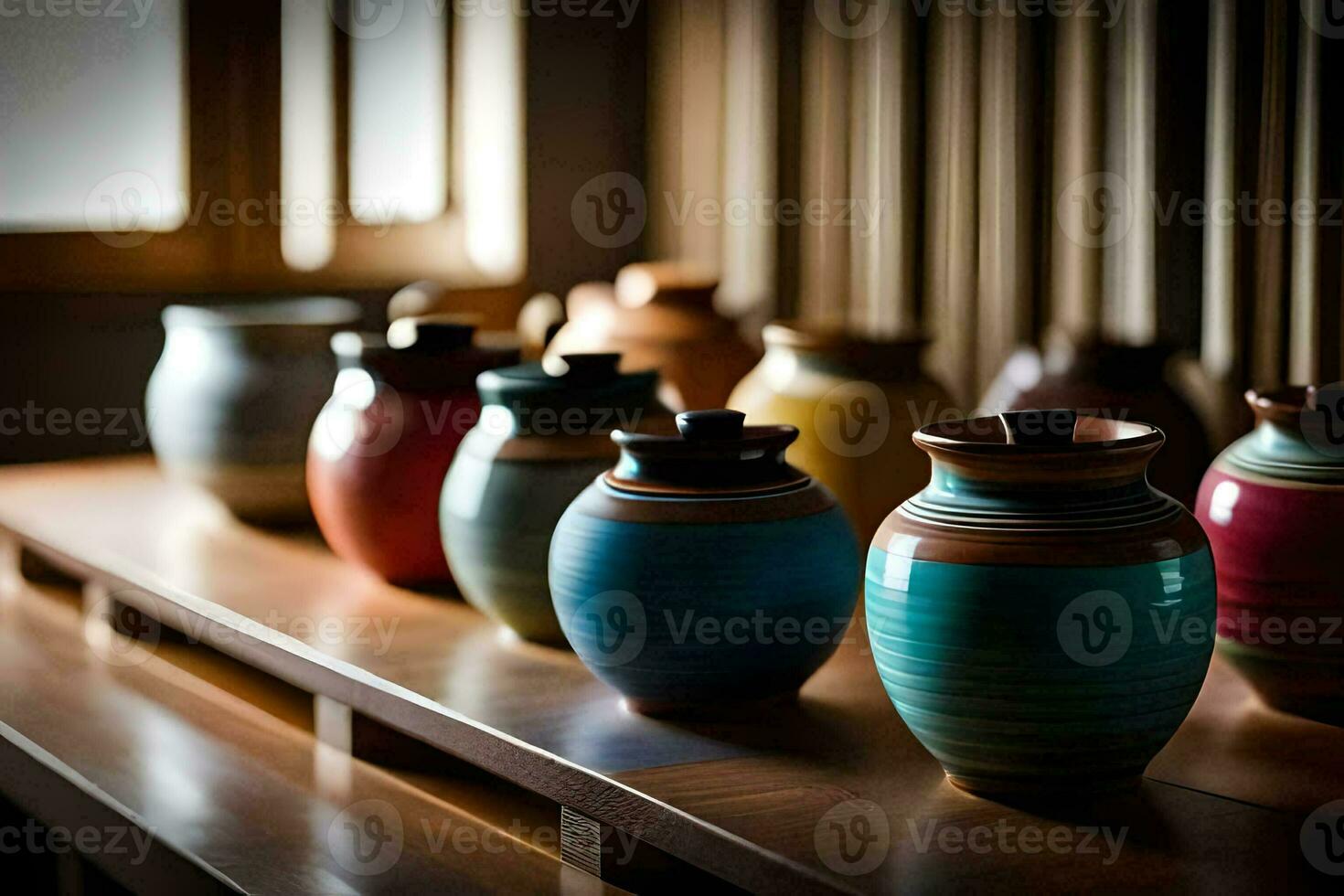 a row of colorful vases sit on a wooden shelf. AI-Generated photo