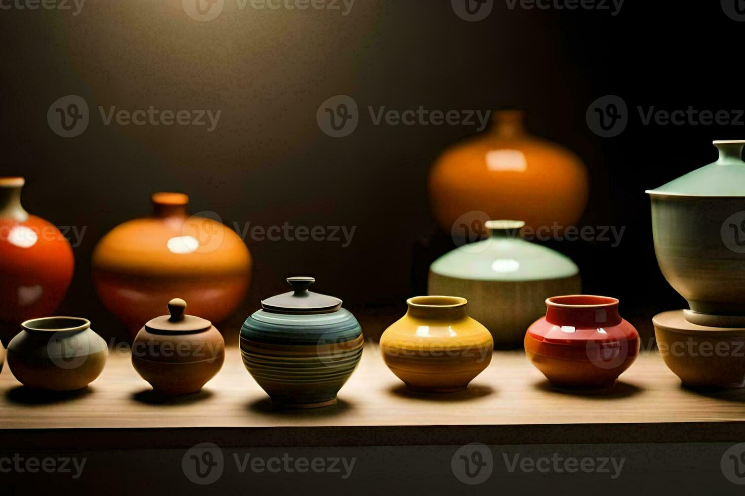a row of colorful vases on a shelf. AI-Generated photo