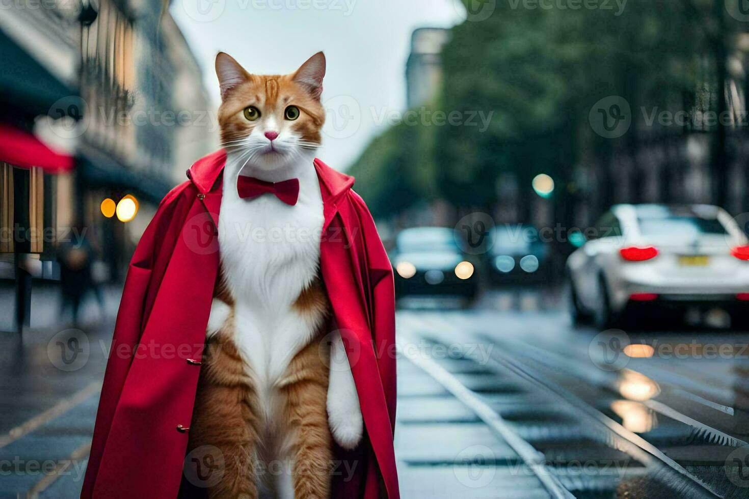 a cat dressed in a red coat and bow tie. AI-Generated photo