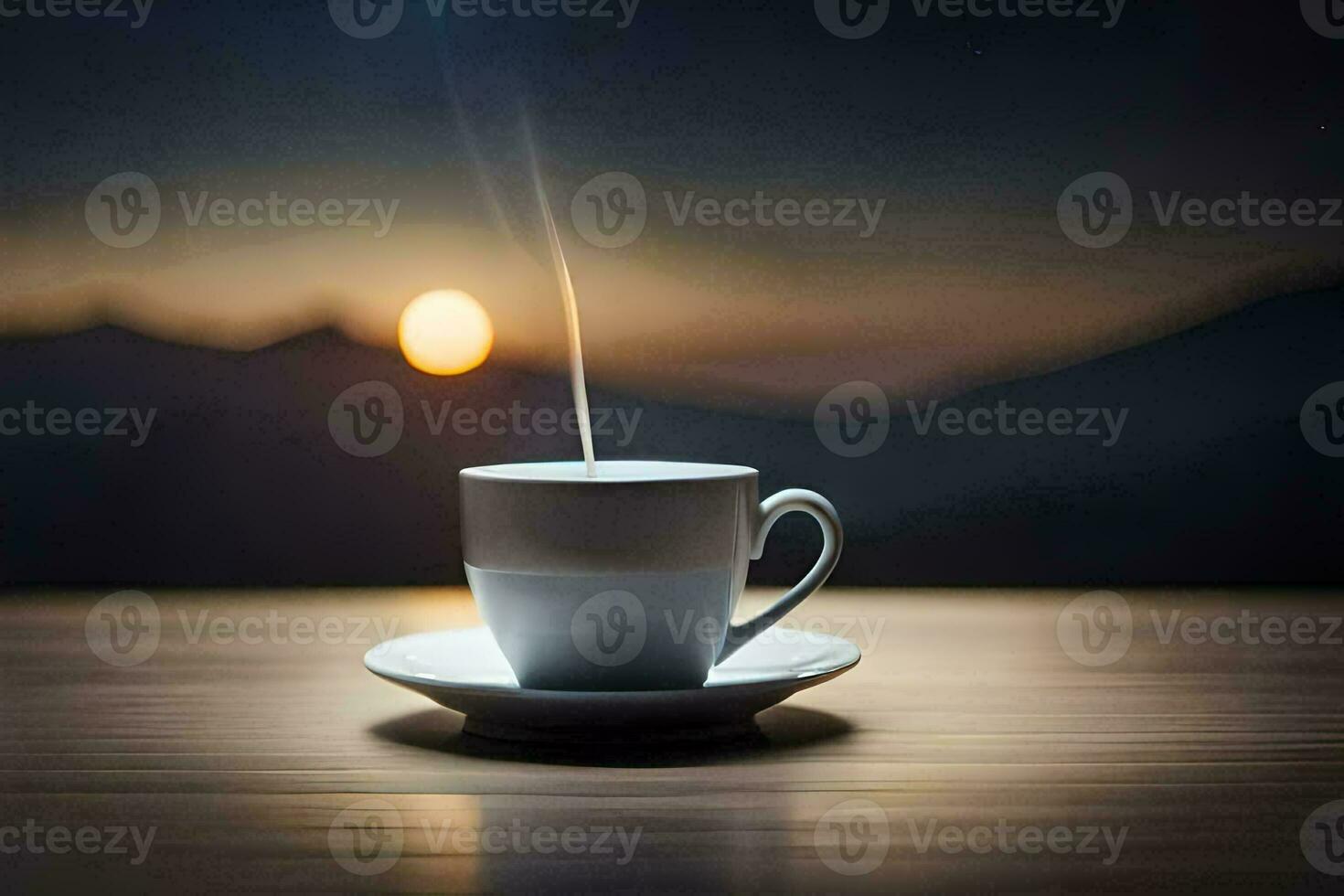 a cup of coffee on a table with the sun setting behind it. AI-Generated photo