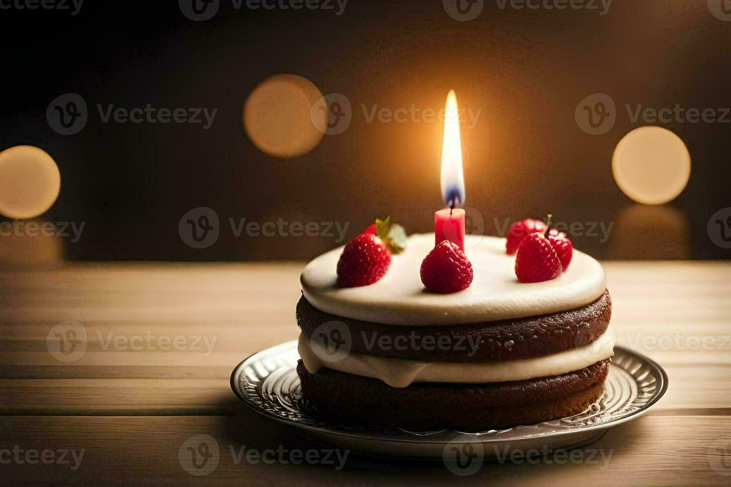 a birthday cake with a single candle. AI-Generated photo