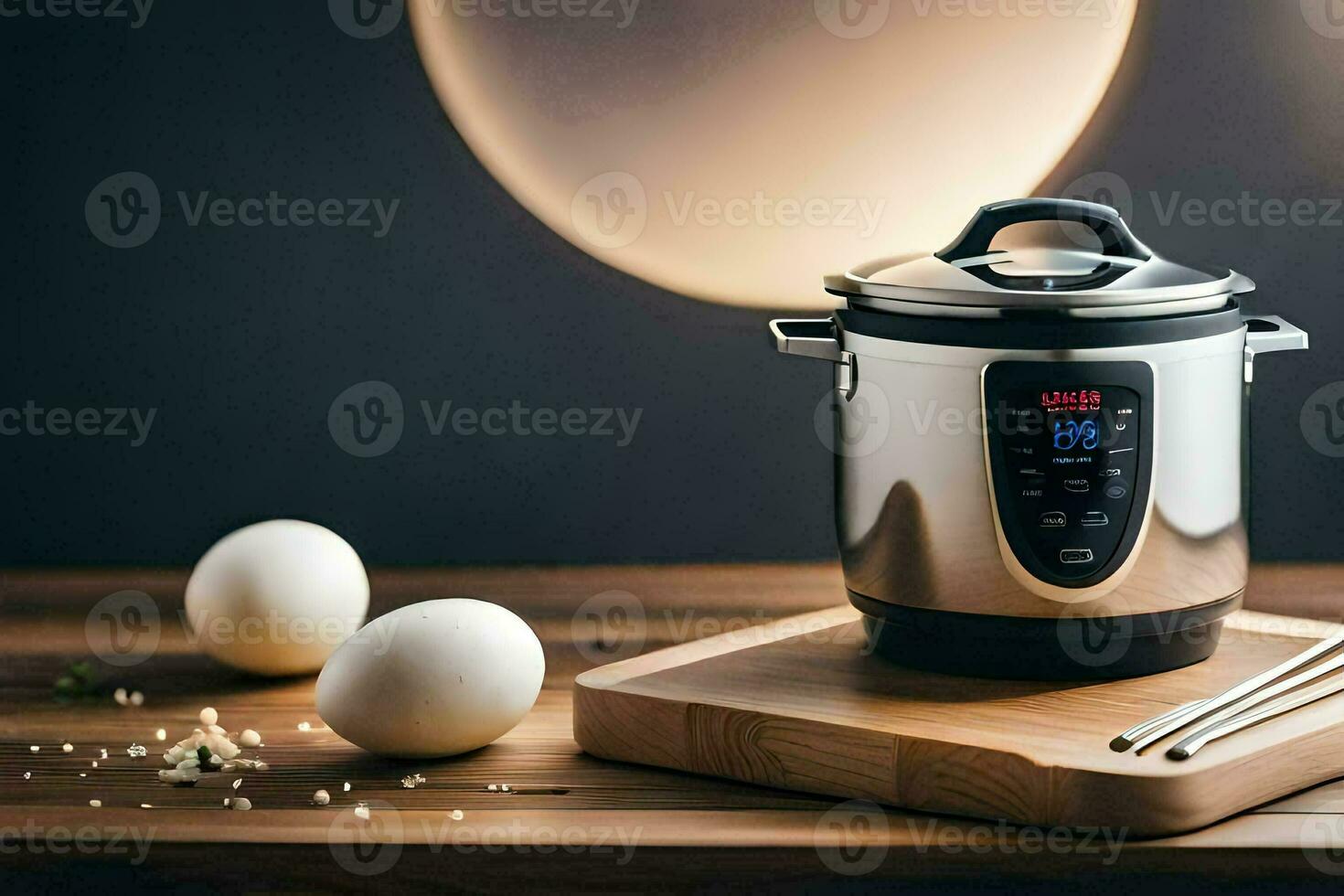 an electric pressure cooker with eggs on a cutting board. AI-Generated photo