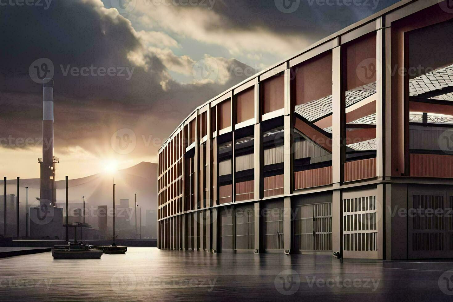 a large warehouse with a large building in the background. AI-Generated photo