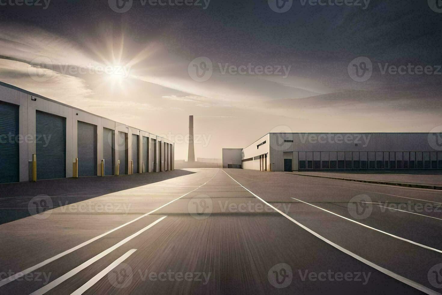 a long empty road with a warehouse building in the background. AI-Generated photo