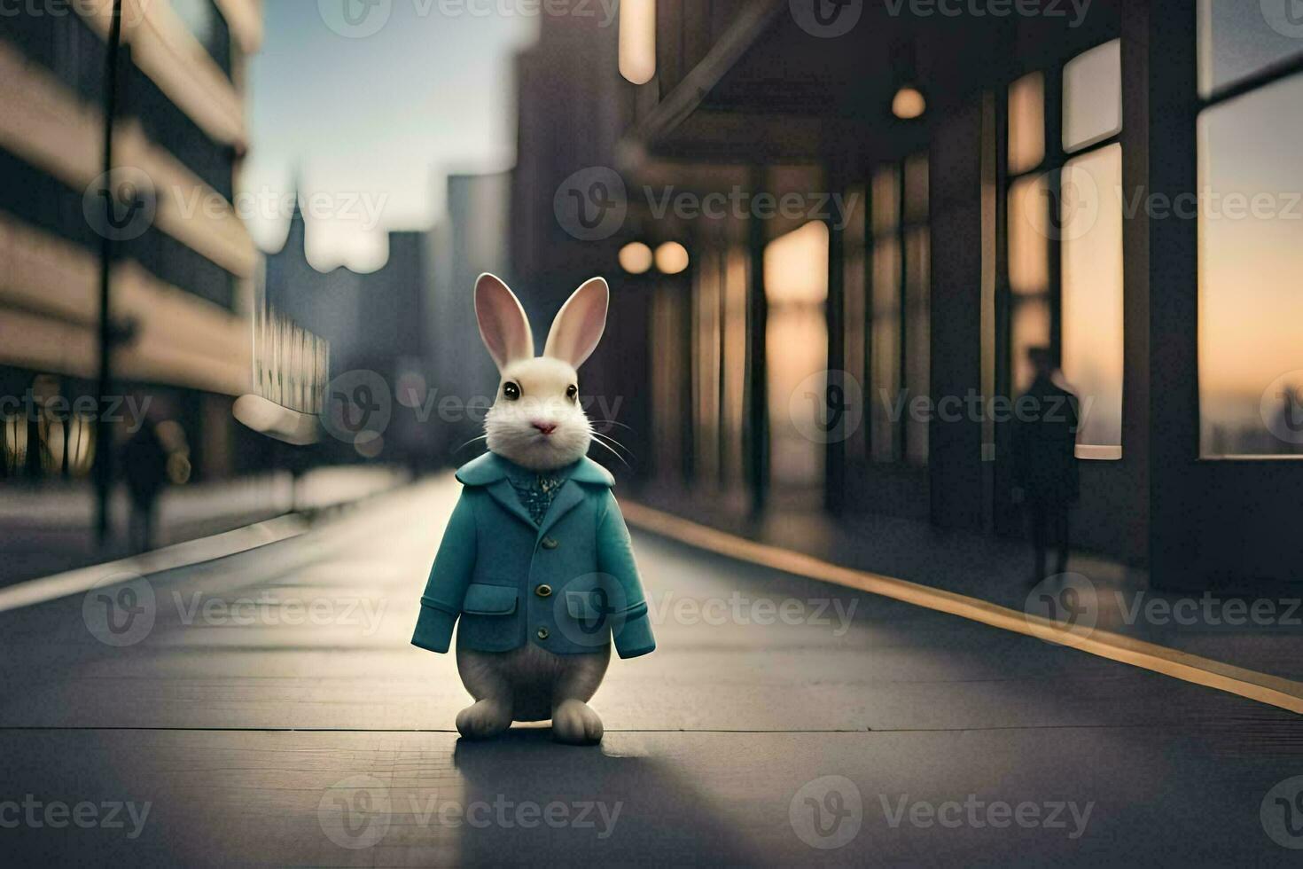 a rabbit in a blue coat standing on a street. AI-Generated photo
