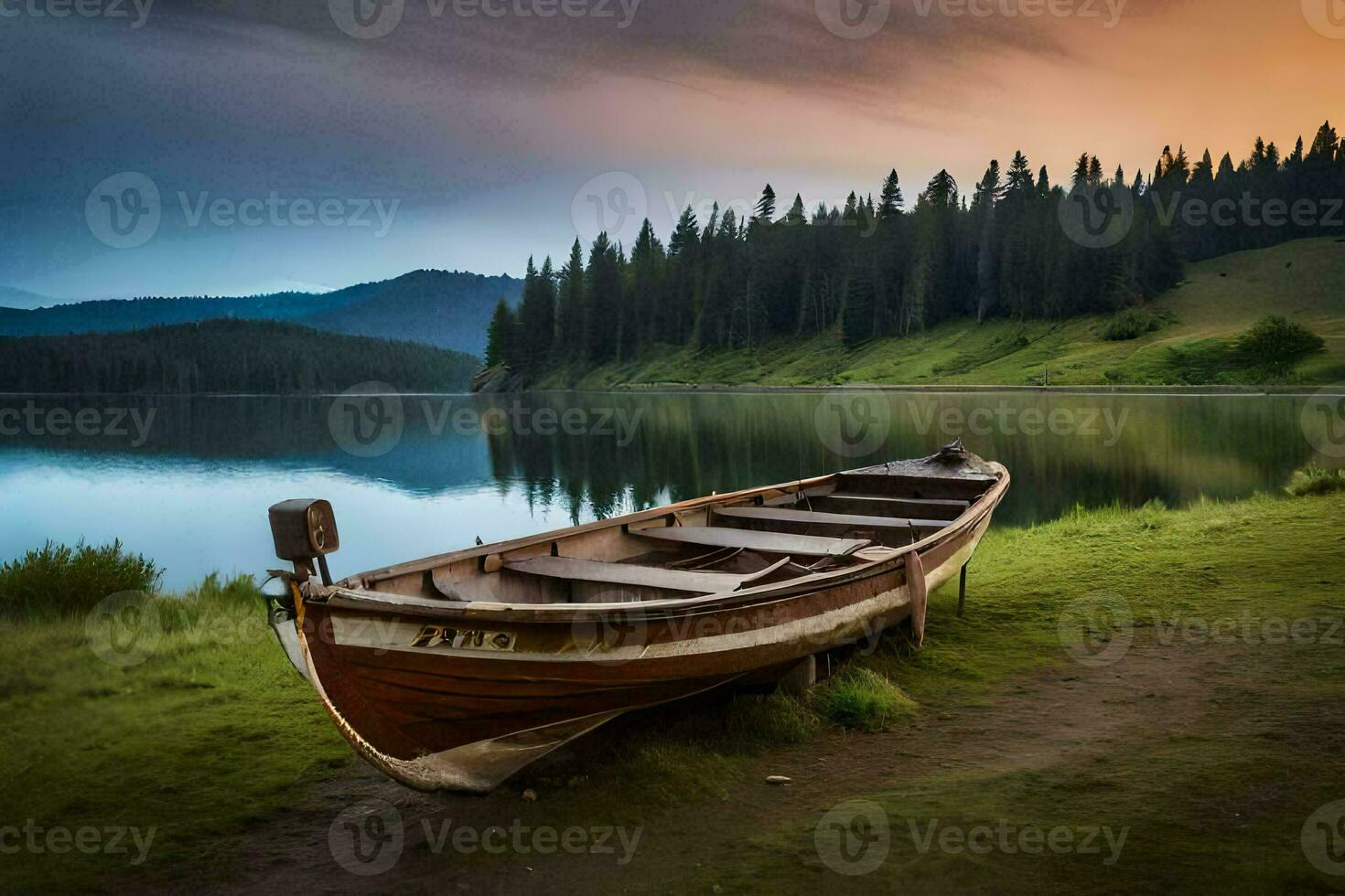 a boat sits on the shore of a lake at sunset. AI-Generated photo