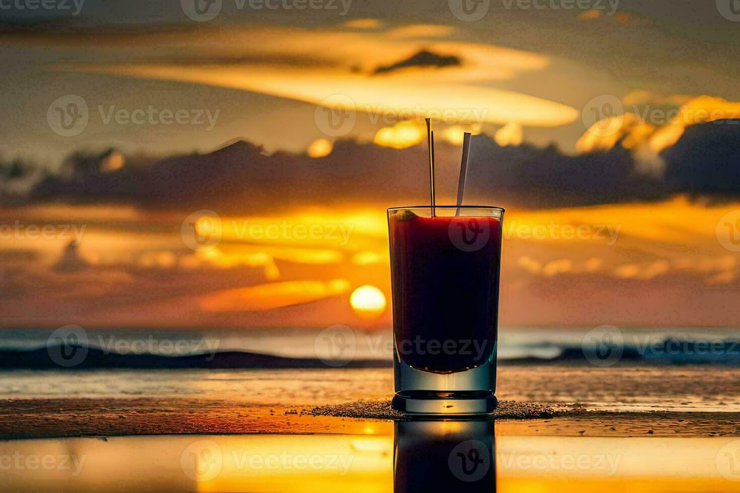 a glass of juice on the beach at sunset. AI-Generated photo