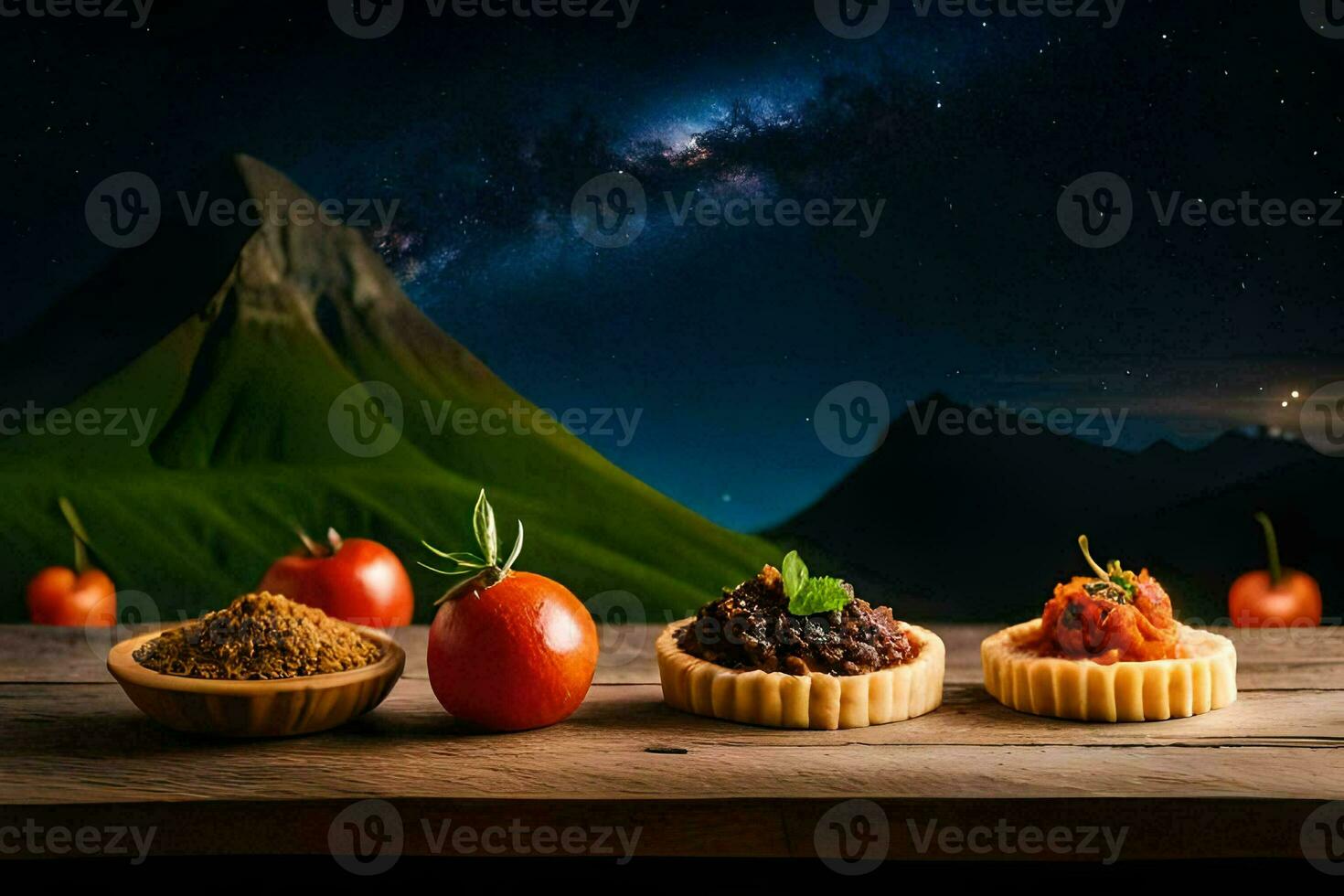 four small pies with tomatoes and spices on a table. AI-Generated photo