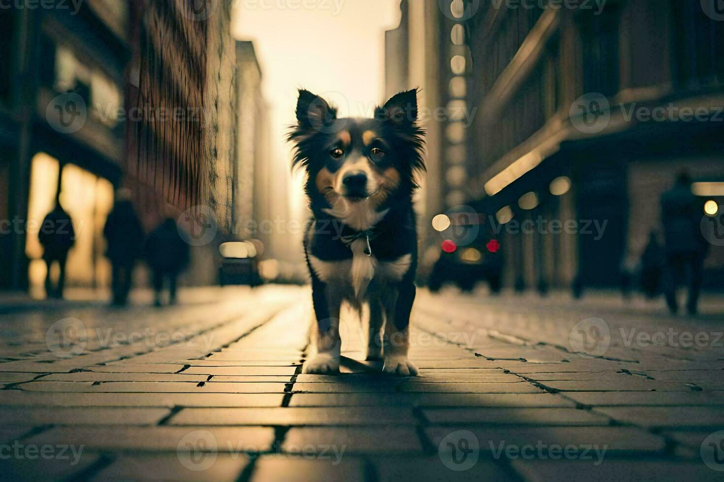 a dog is standing on a brick street in the city. AI-Generated photo