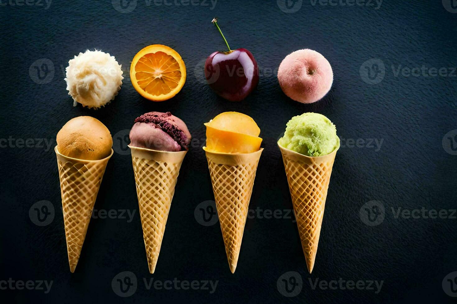 different types of ice cream in cones on a black background. AI-Generated photo