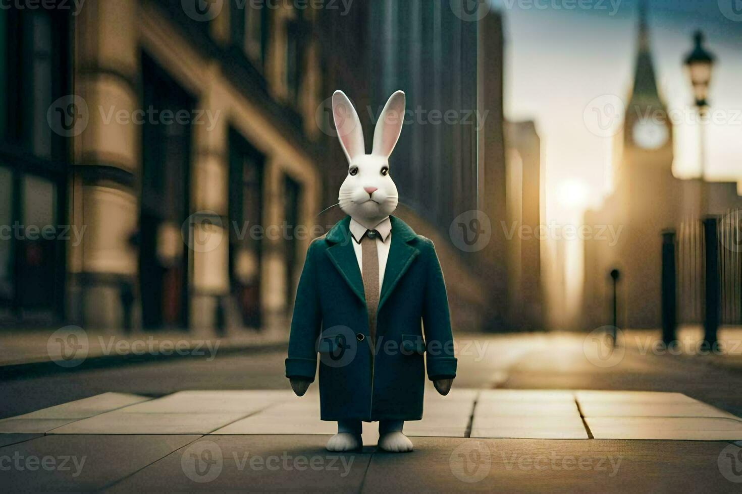 a rabbit in a suit and tie standing on a street. AI-Generated photo