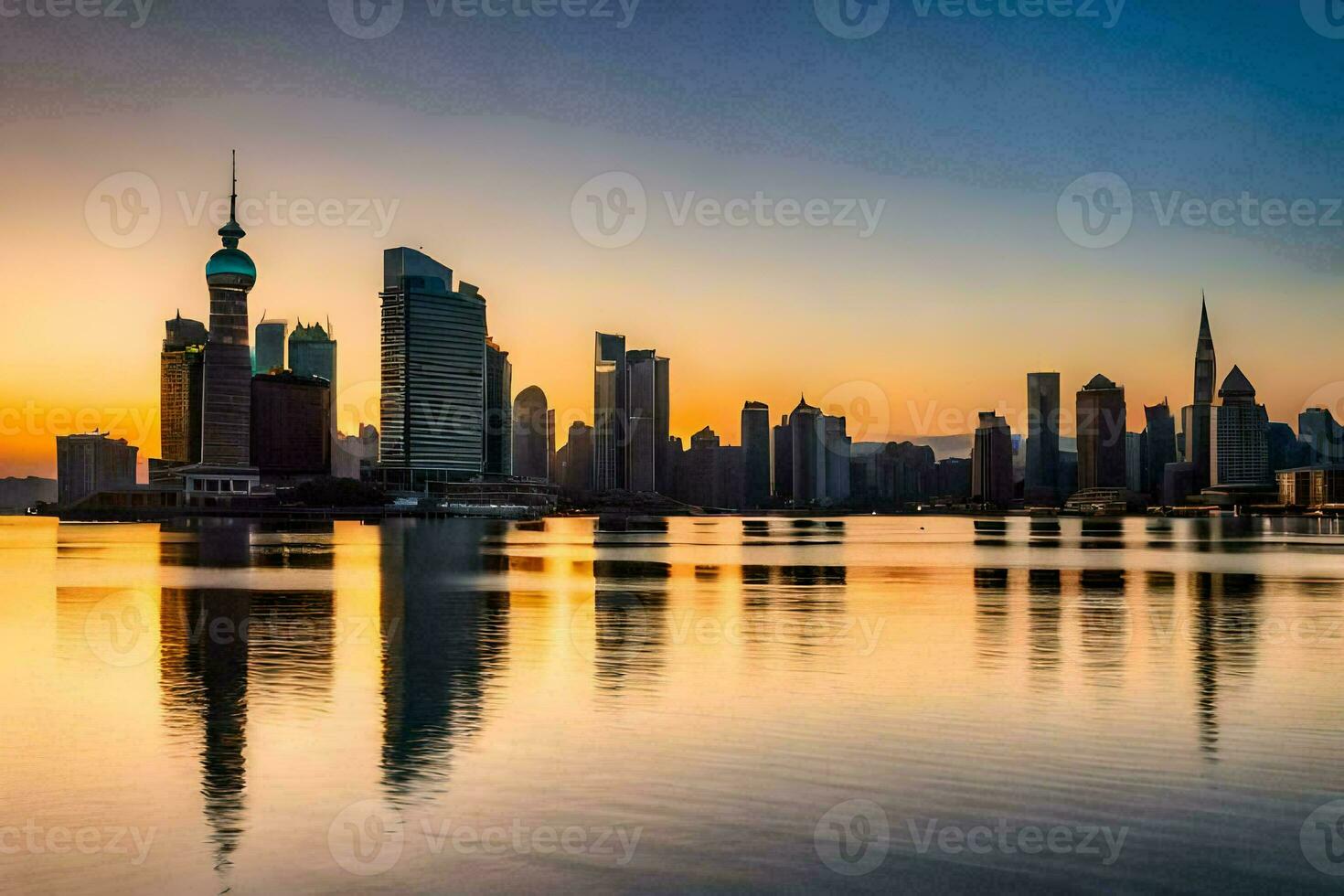 the city skyline at sunset in shanghai. AI-Generated photo