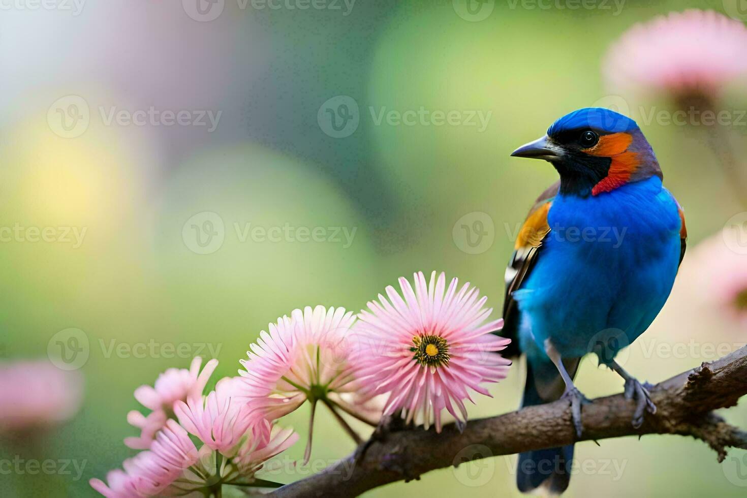 a blue bird sits on a branch with pink flowers. AI-Generated photo