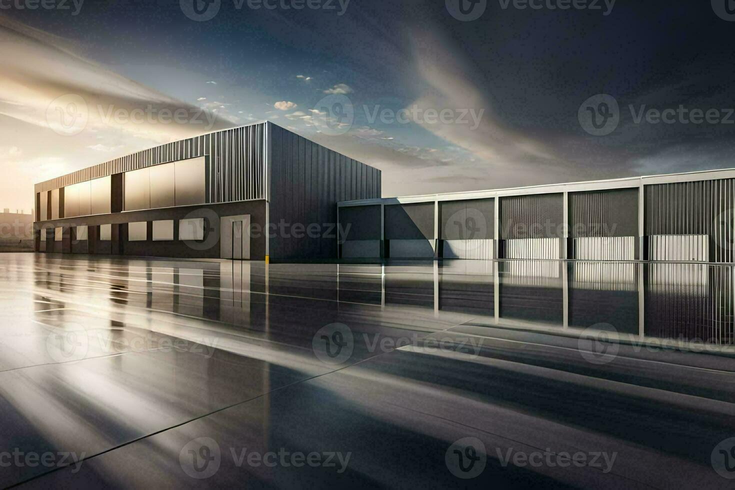 a modern warehouse building with a sky background. AI-Generated photo