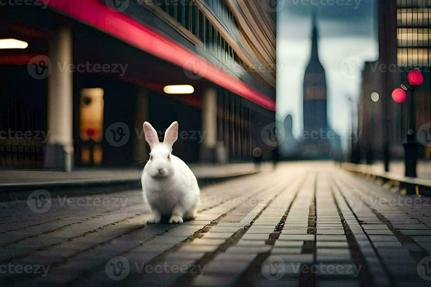 a white rabbit is standing on a brick road. AI-Generated photo