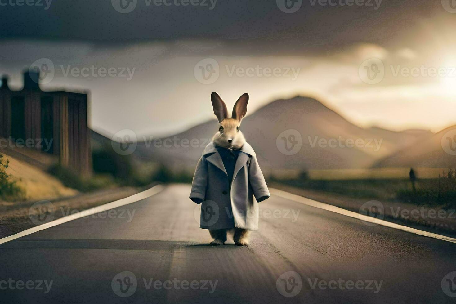 a rabbit wearing a coat and standing on the road. AI-Generated photo