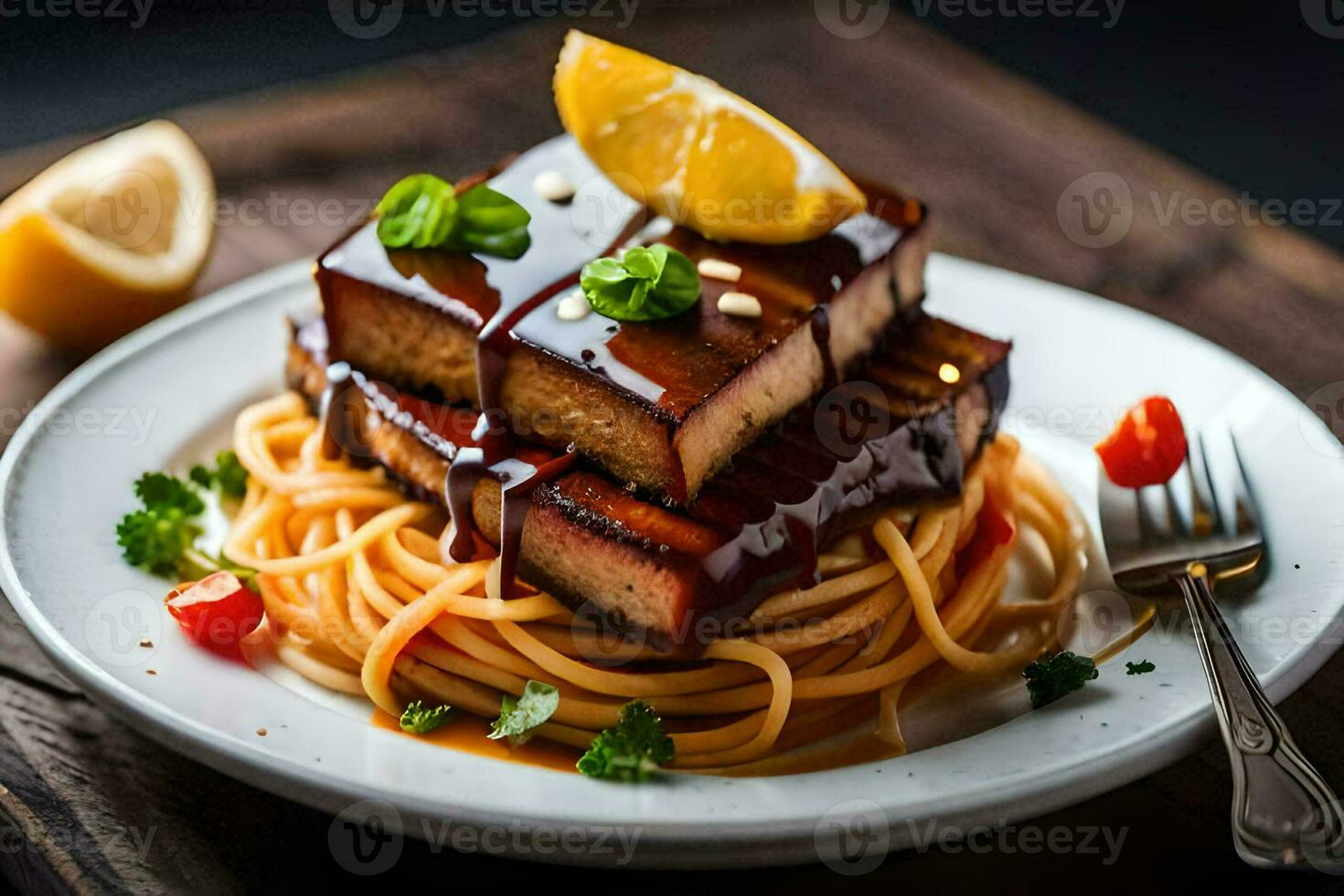 a plate of spaghetti with tofu and lemon. AI-Generated photo
