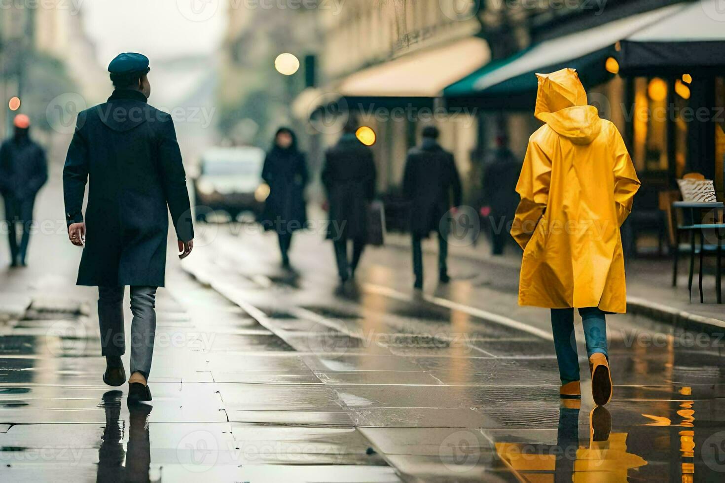 people walking in the rain in paris. AI-Generated photo