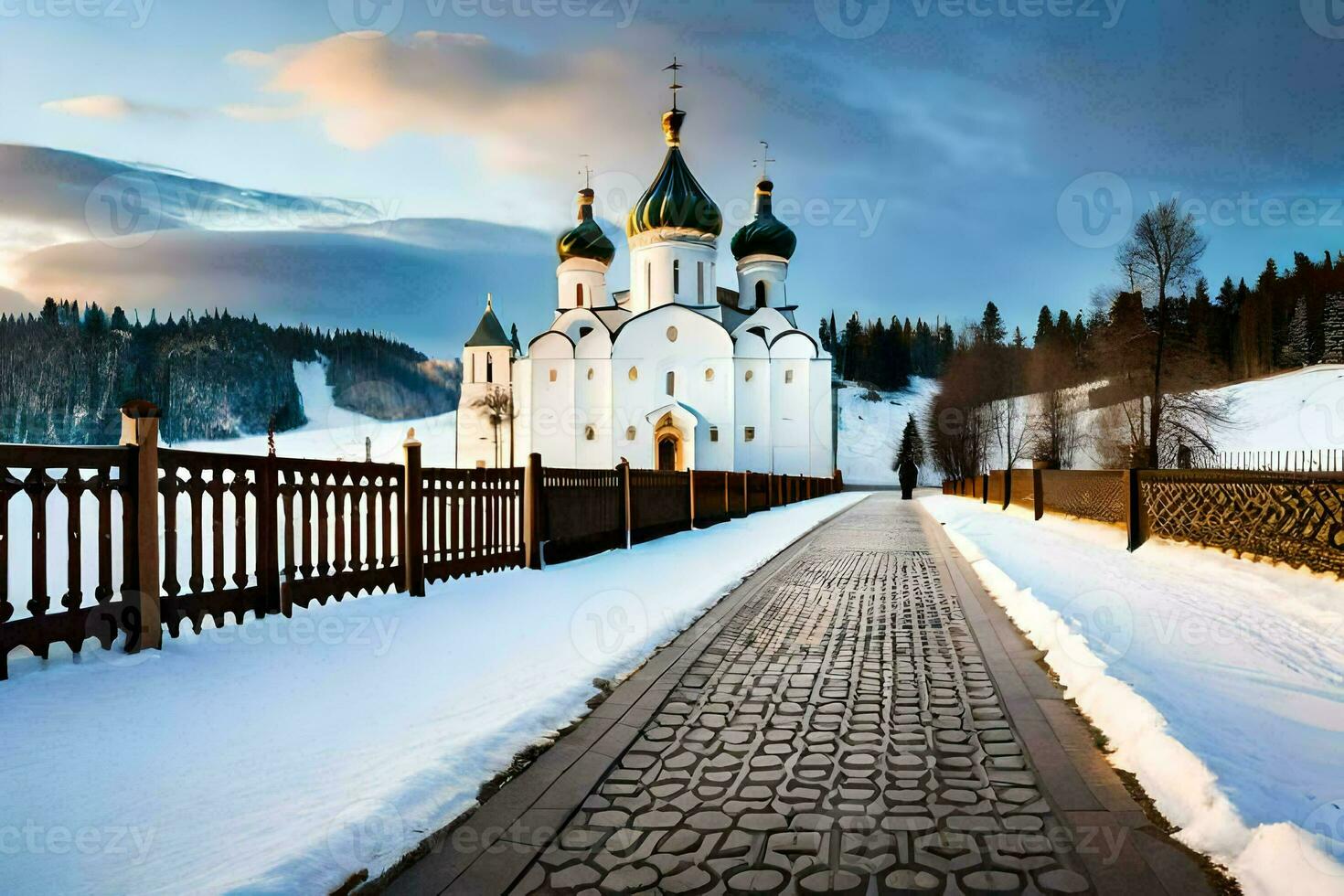 a snowy road leads to a church in the mountains. AI-Generated photo