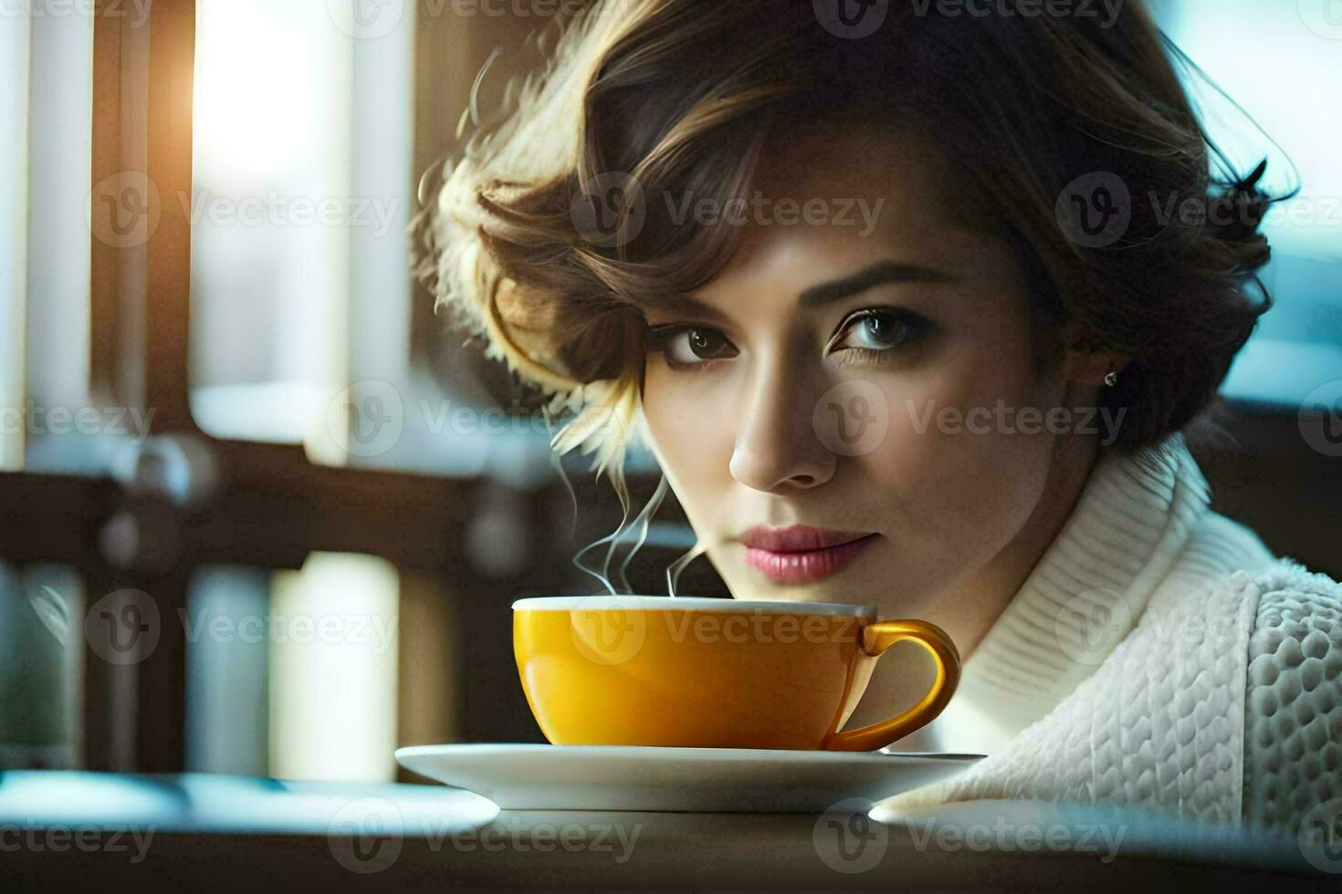 a woman is sitting at a table with a cup of coffee. AI-Generated photo