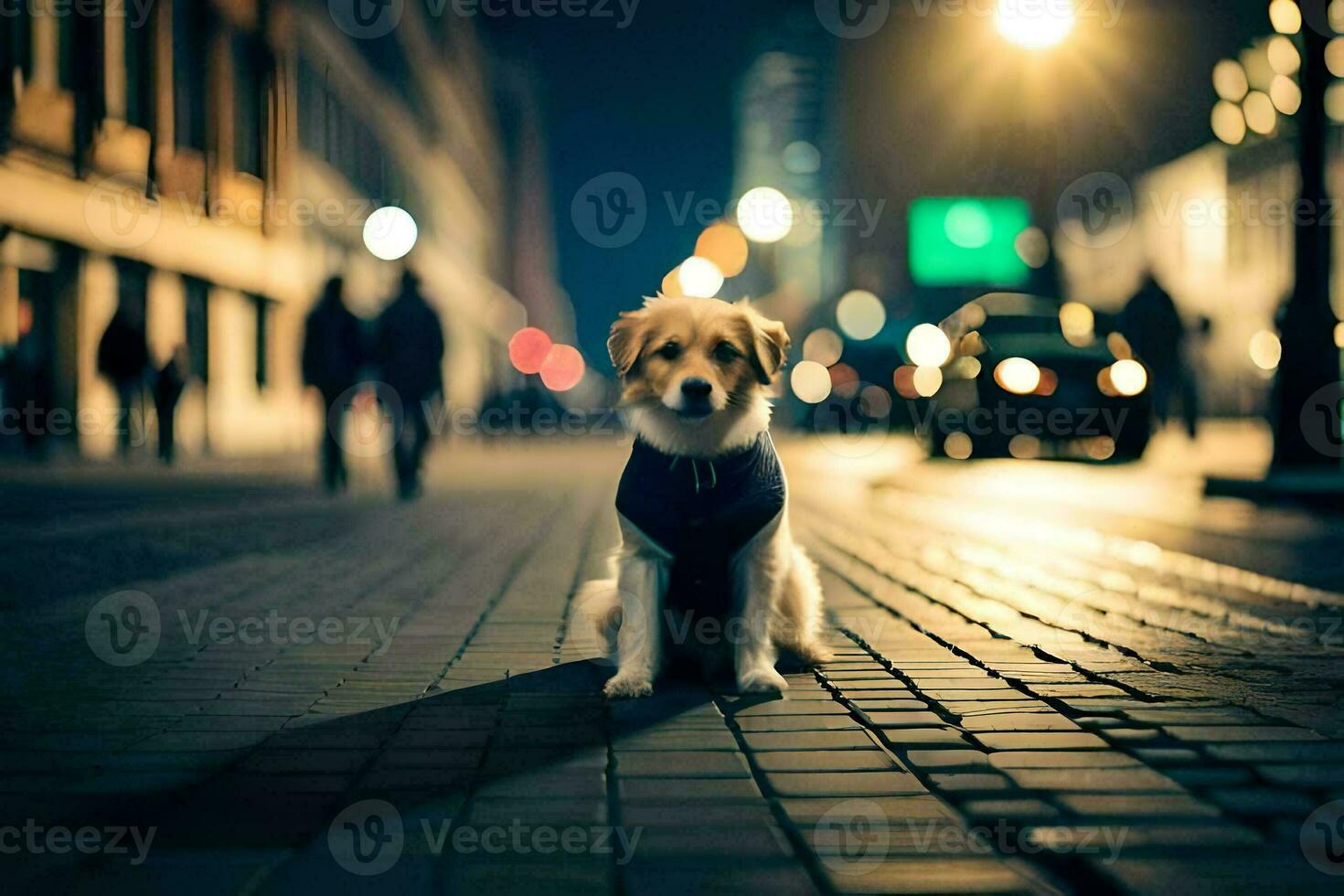 a dog sitting on the street at night. AI-Generated photo
