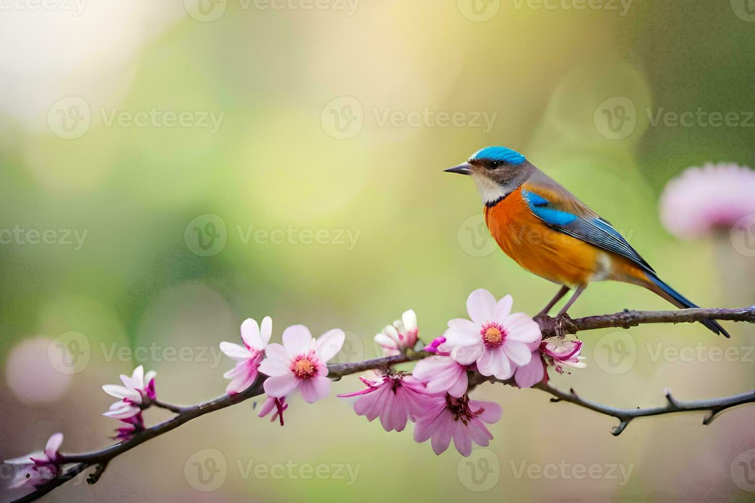a blue and orange bird sits on a branch with pink flowers. AI-Generated photo