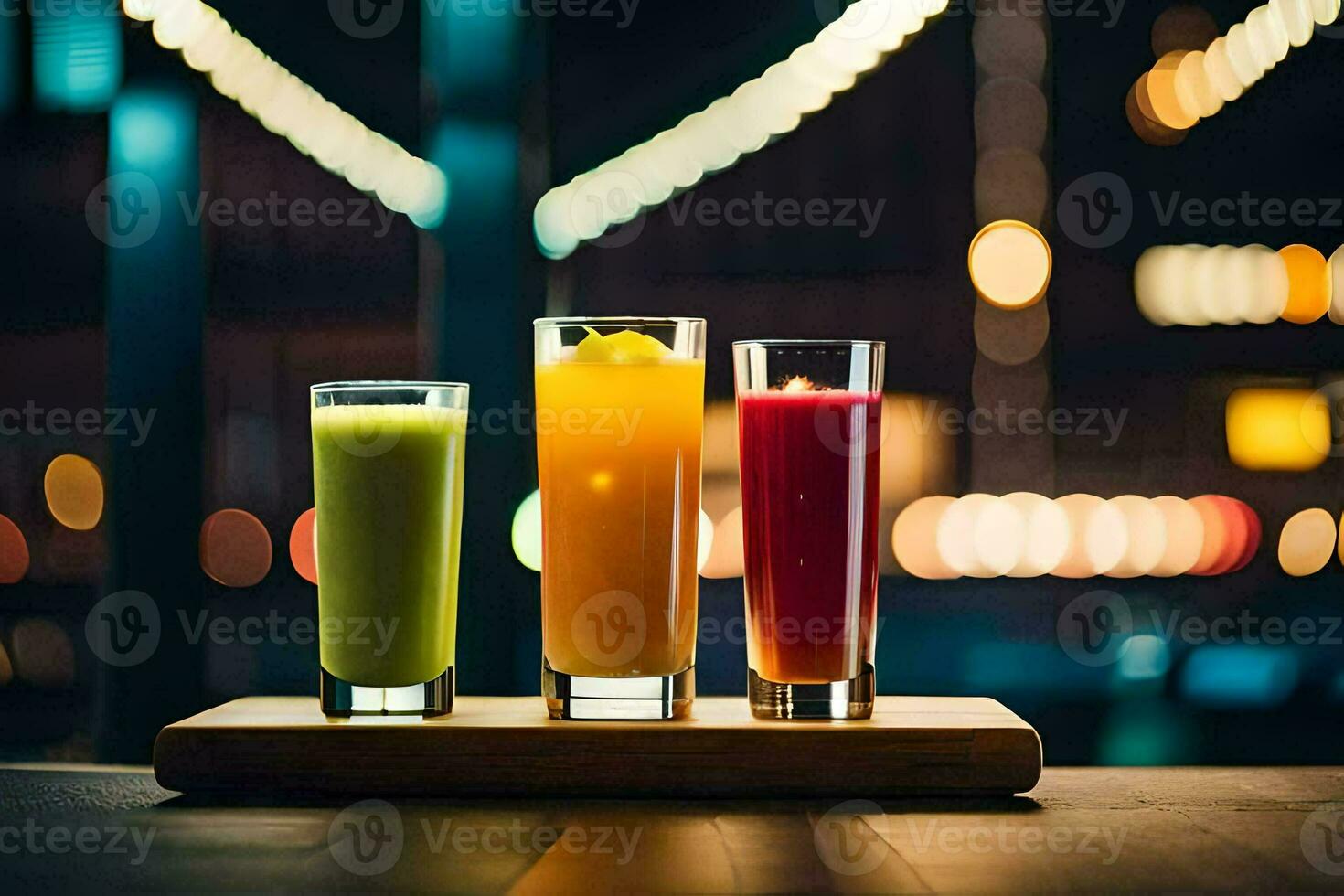 three different drinks on a wooden tray. AI-Generated photo