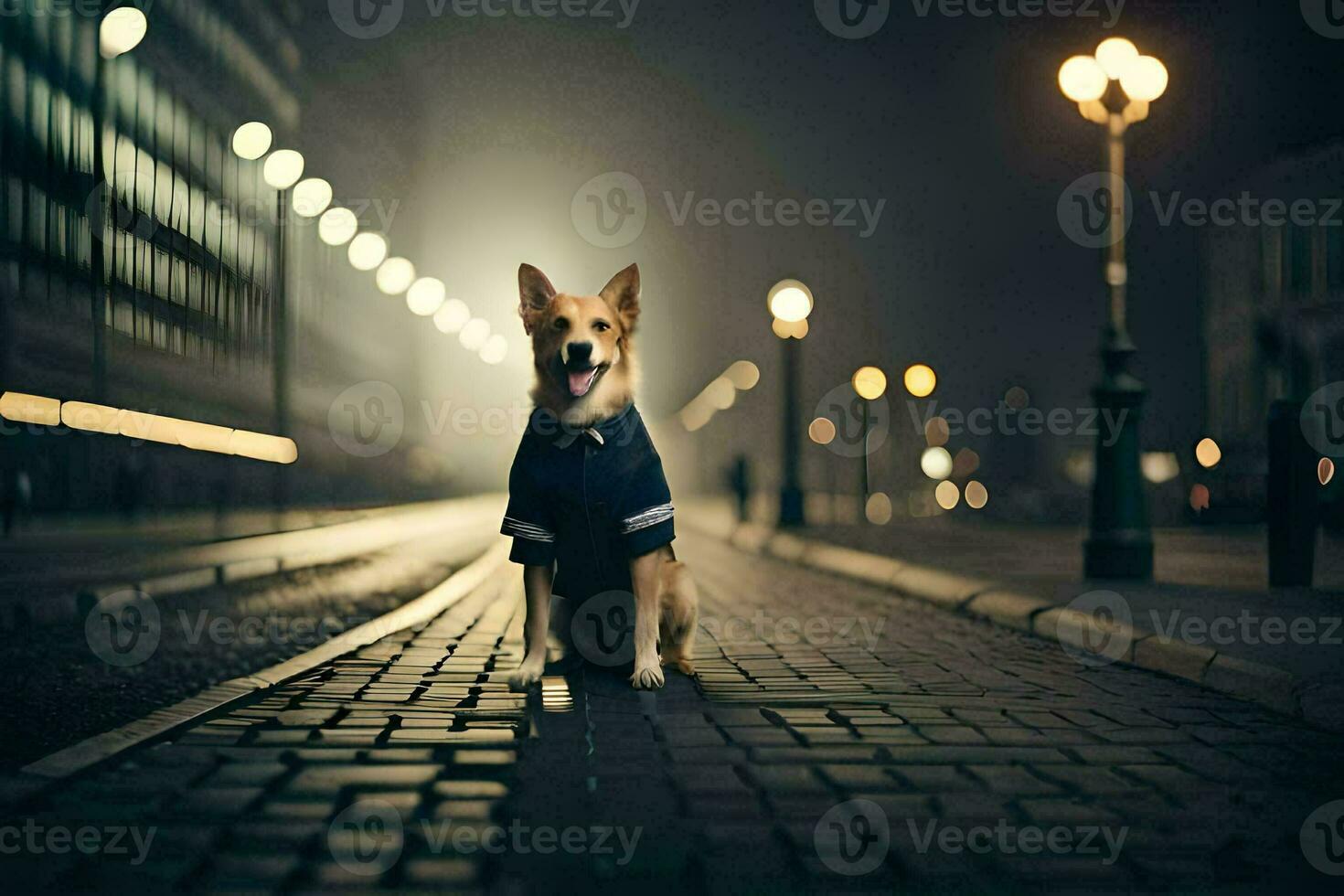 a dog wearing a shirt on a cobblestone street at night. AI-Generated photo