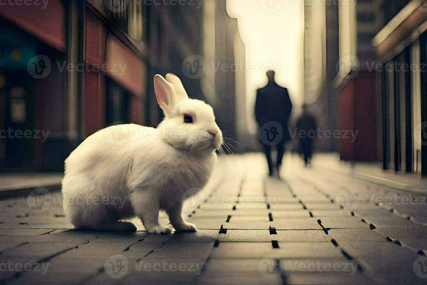 a white rabbit is standing on a brick road. AI-Generated photo