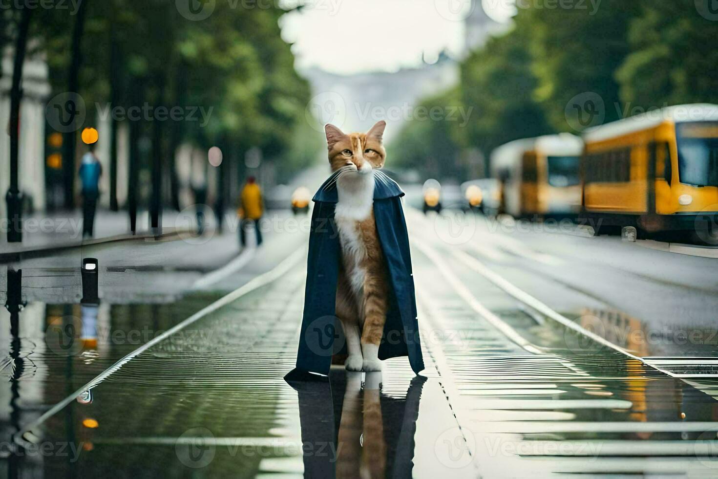 a cat in a coat standing on a wet street. AI-Generated photo