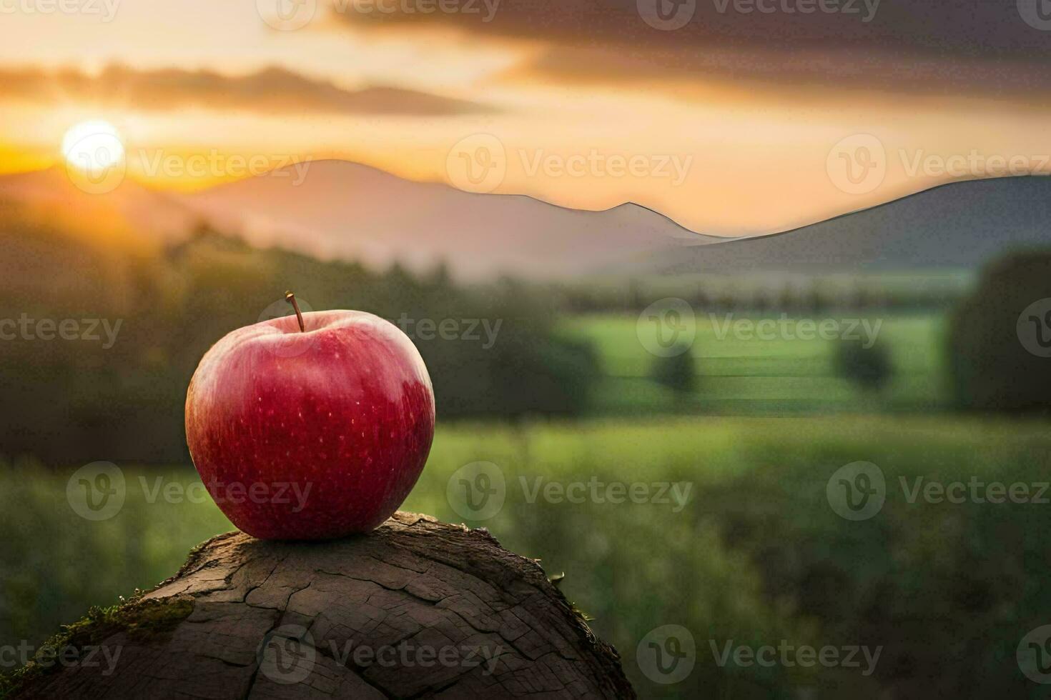 an apple sits on a stump in front of a sunset. AI-Generated photo