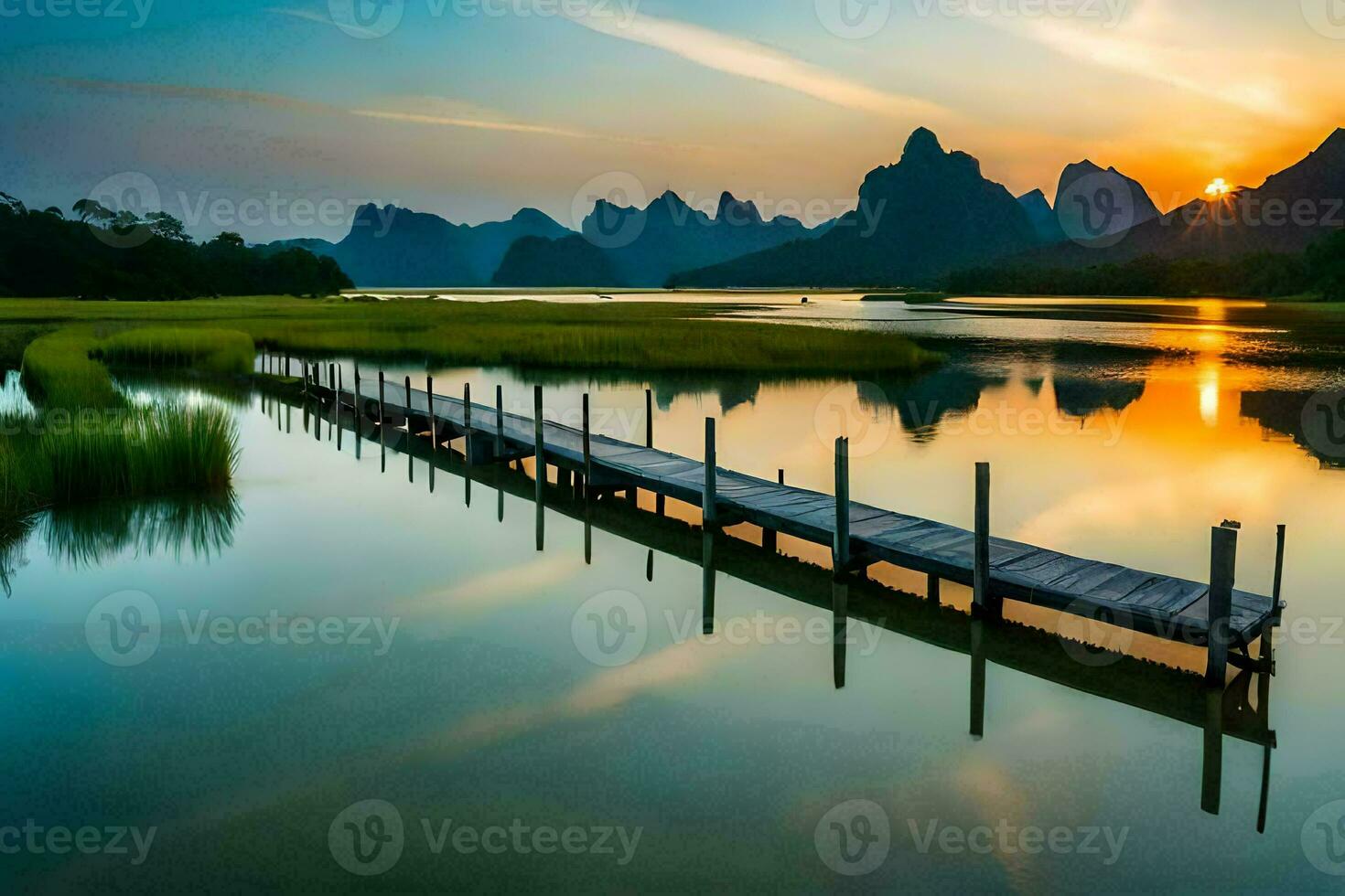 the sun rises over a lake and mountains in china. AI-Generated photo