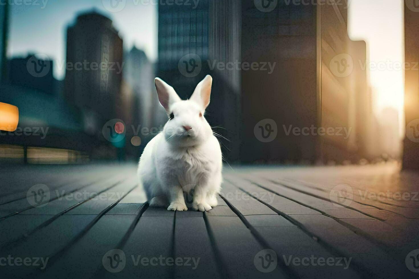 a white rabbit sitting on a wooden floor in front of a city. AI-Generated photo