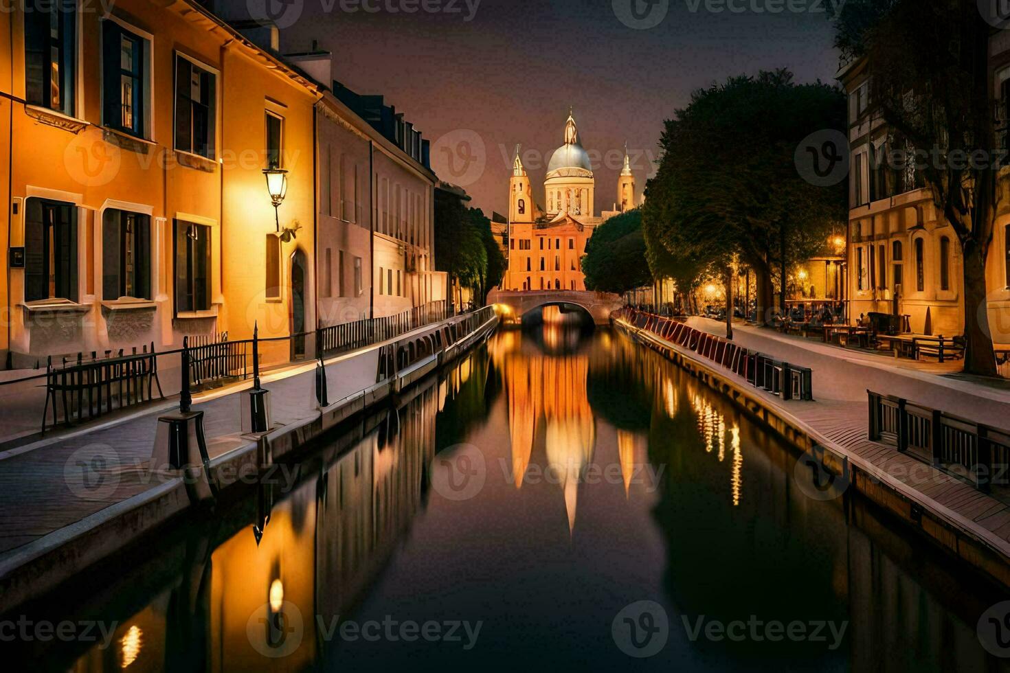 el noche ver de un canal en Francia. generado por ai foto