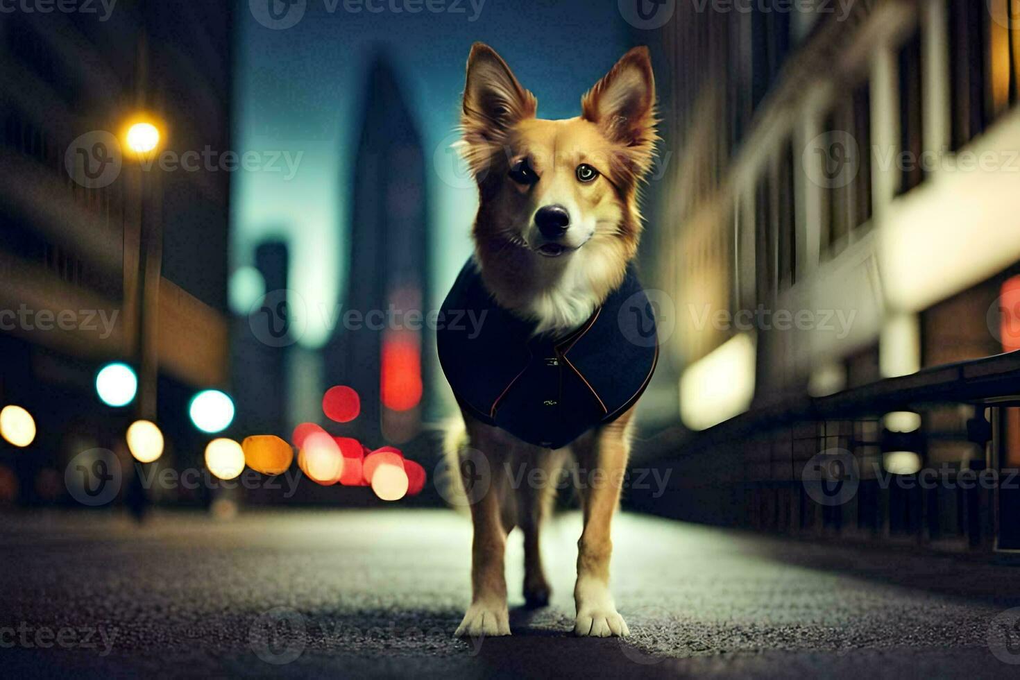 a dog wearing a jacket standing on a street at night. AI-Generated photo