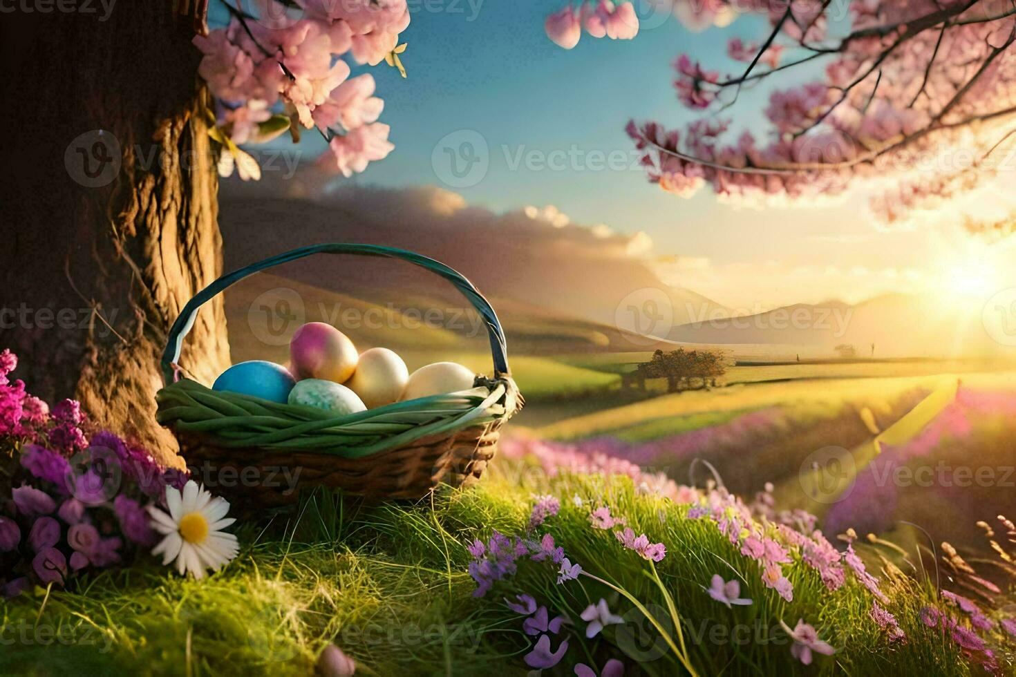 easter eggs in a basket in the field. AI-Generated photo