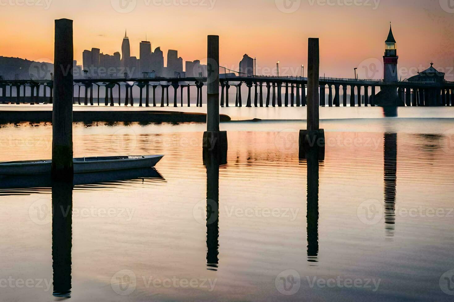 a boat sits in the water at sunset with the city skyline in the background. AI-Generated photo