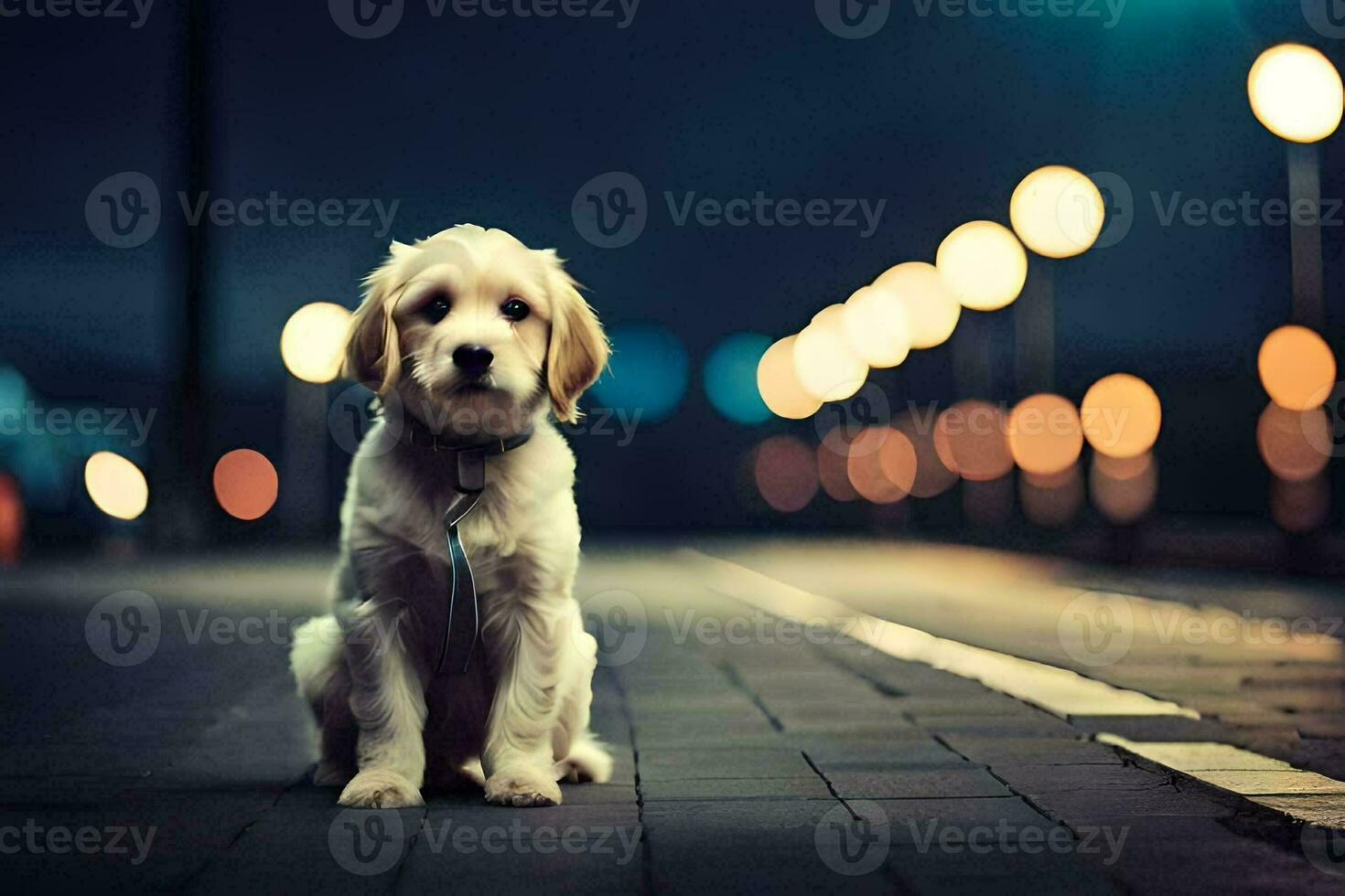 a dog sitting on the street at night. AI-Generated photo