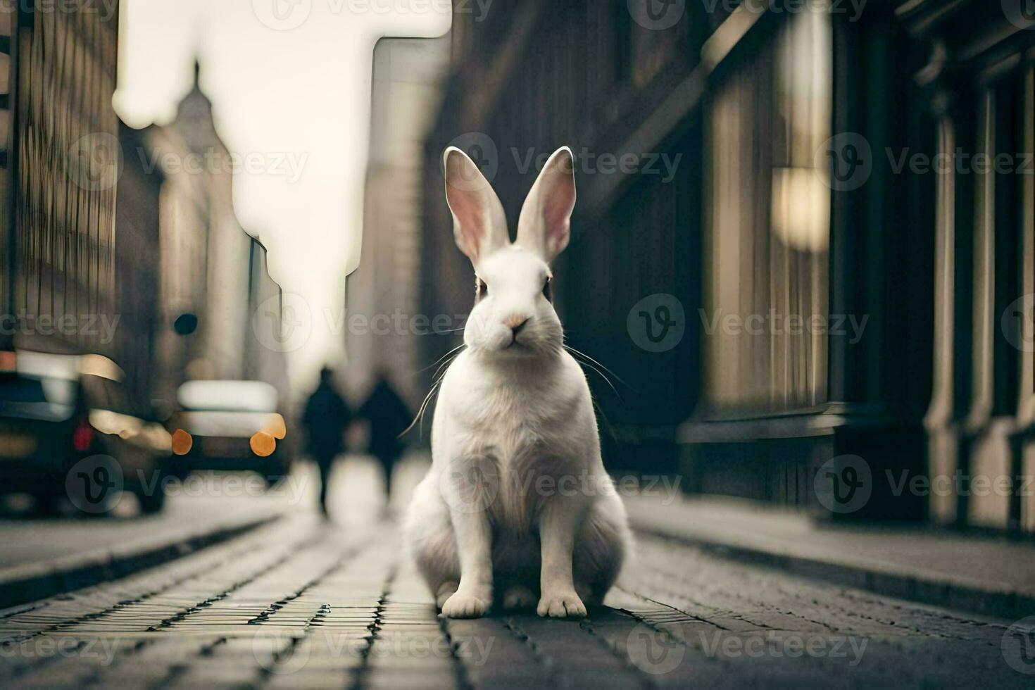 white rabbit sitting on the street in a city. AI-Generated photo