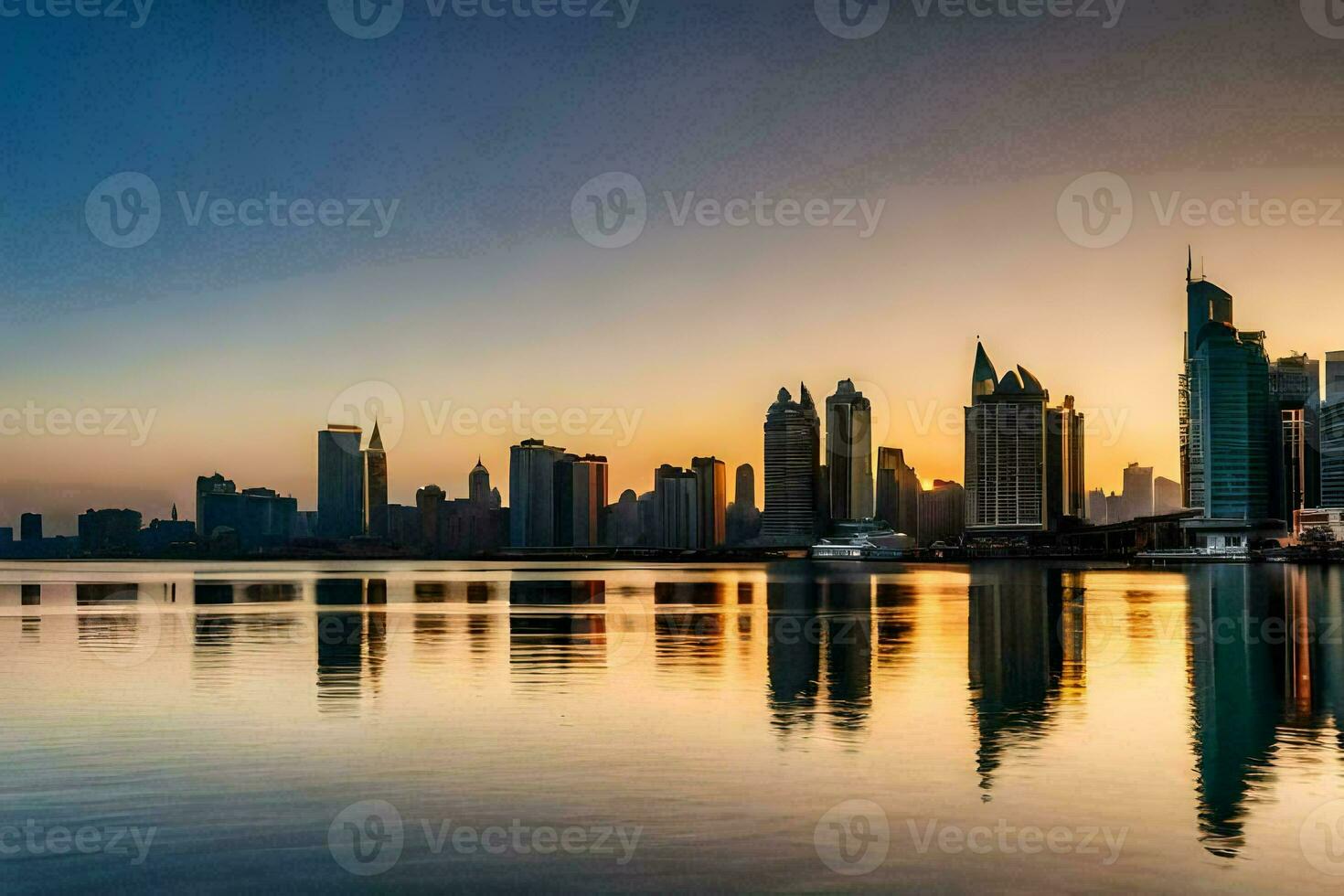 the city skyline is reflected in the water at sunset. AI-Generated photo