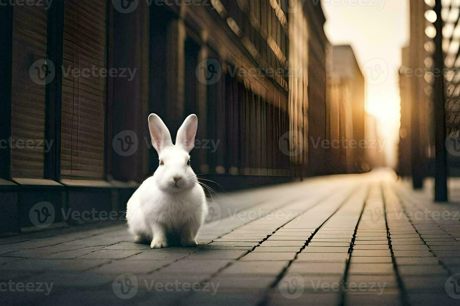un blanco Conejo es en pie en un calle en el ciudad. generado por ai foto