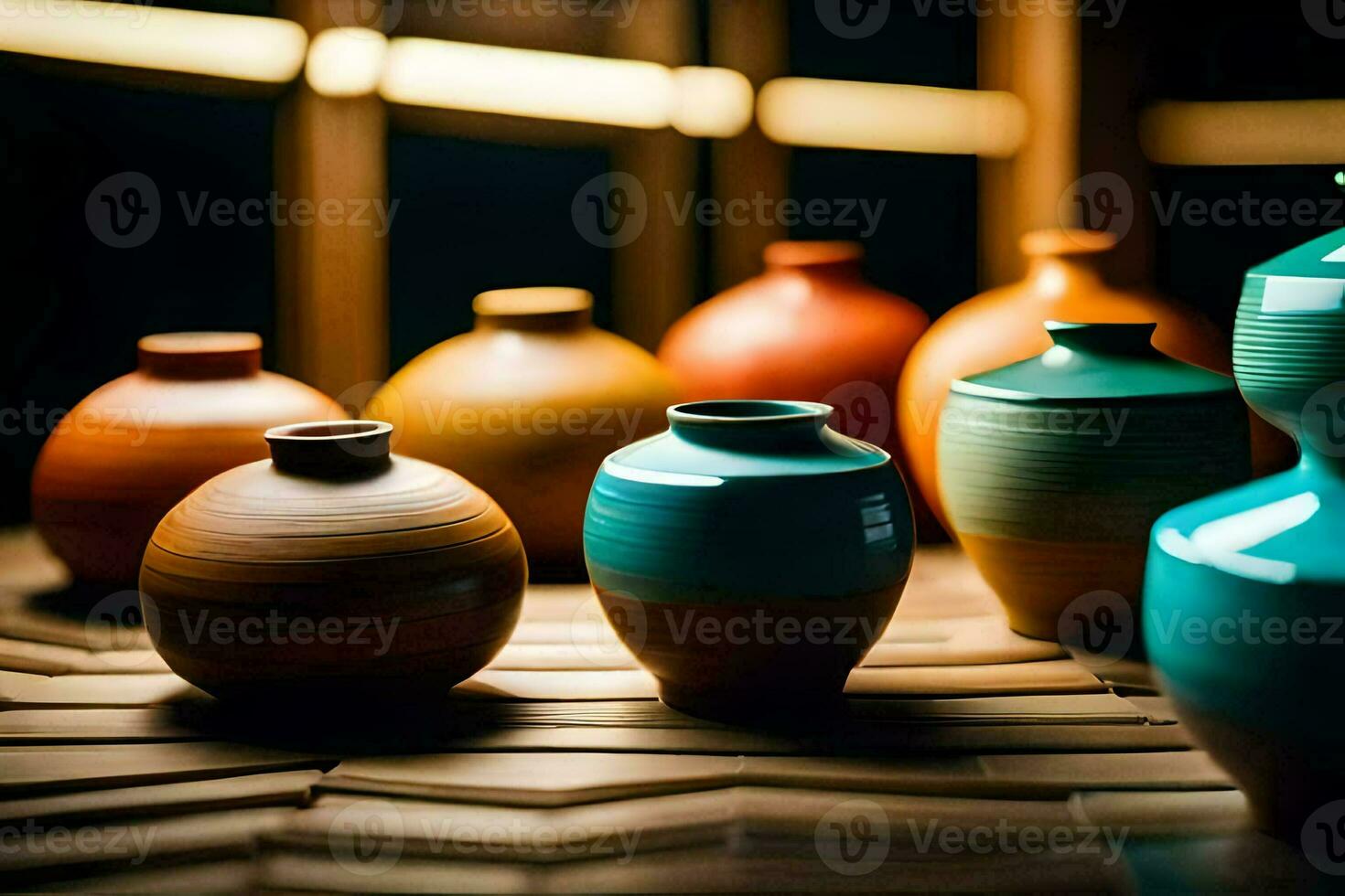 a group of colorful vases sitting on a wooden table. AI-Generated photo