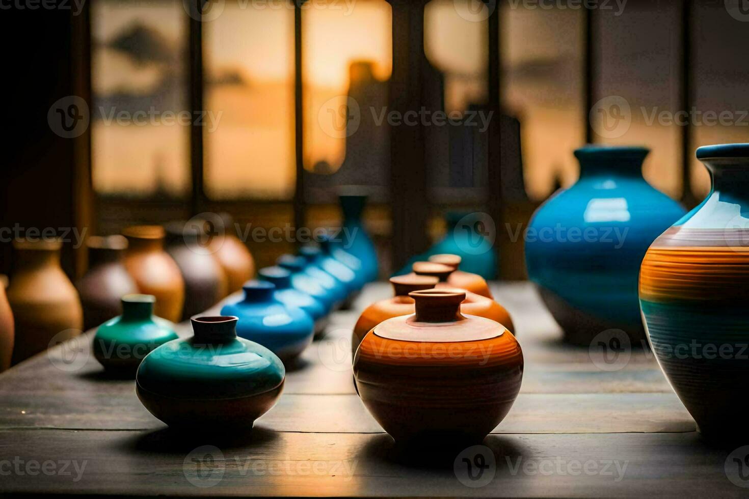 vistoso floreros sentar en un mesa en frente de un ventana. generado por ai foto