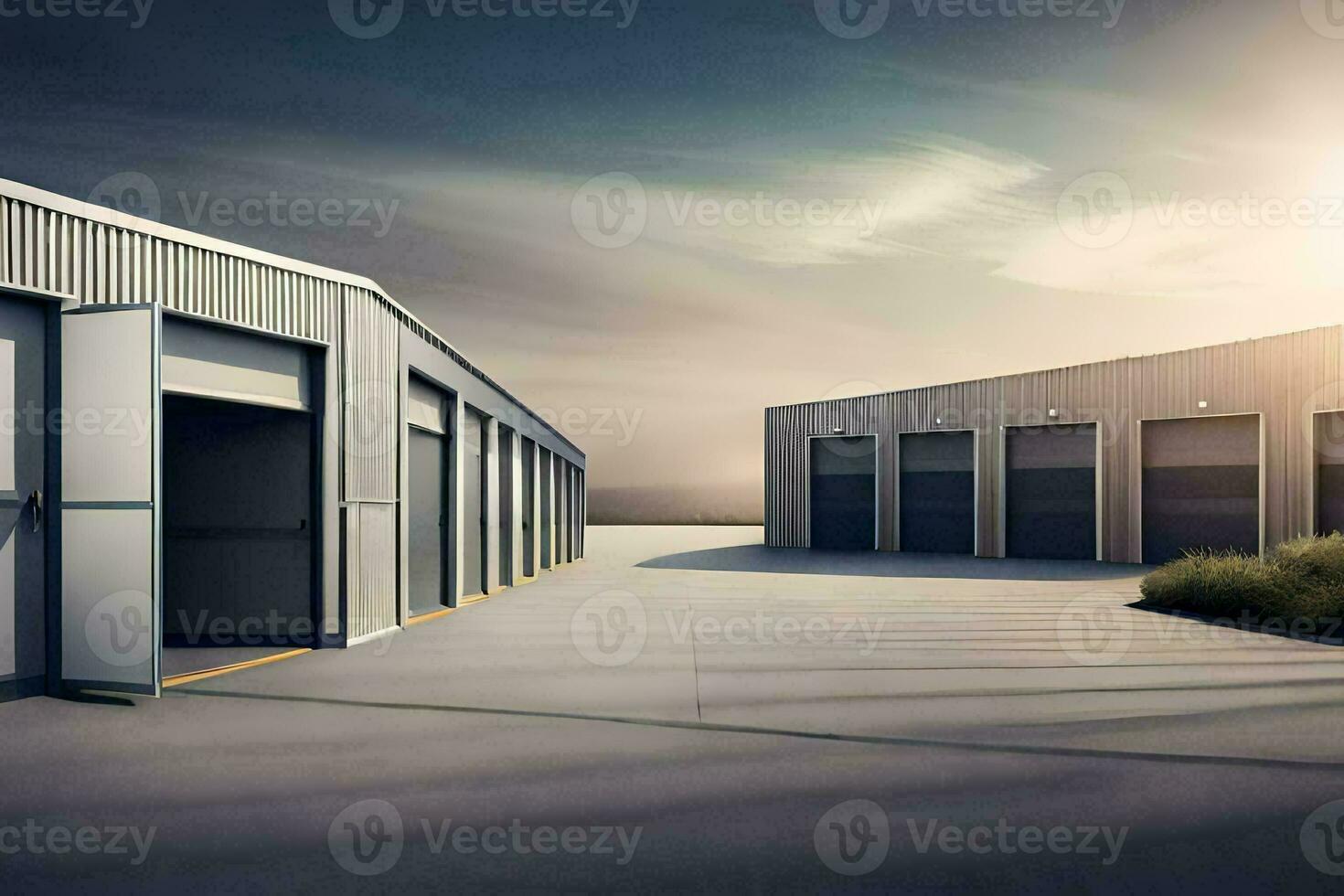 a large storage building with two doors. AI-Generated photo