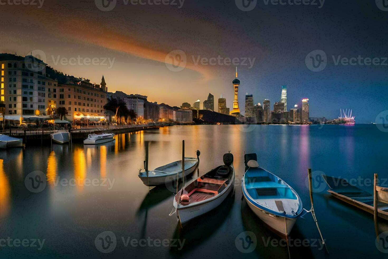 boats docked in the water at dusk with the skyline in the background. AI-Generated photo