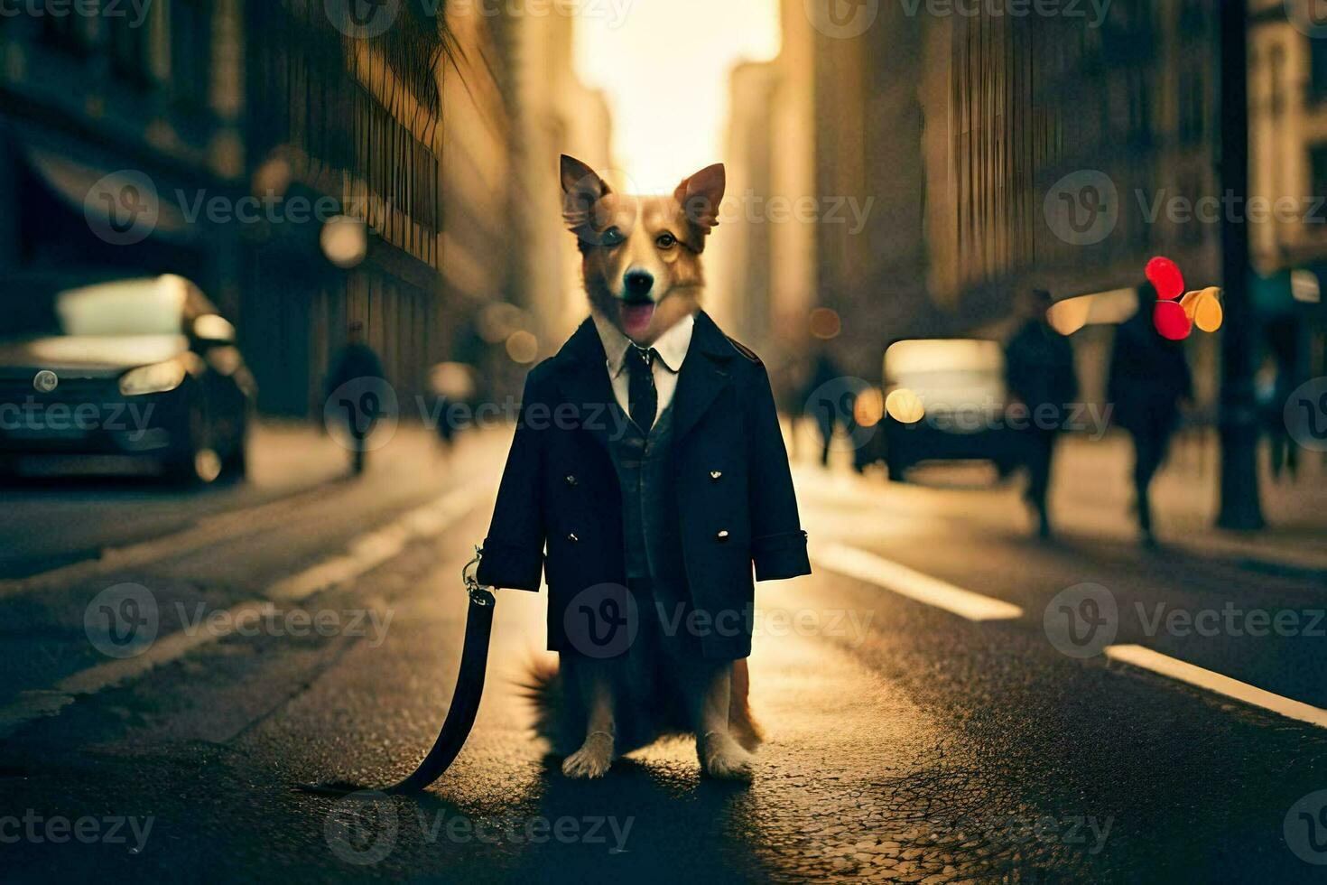 a dog dressed in a suit and tie standing on a street. AI-Generated photo