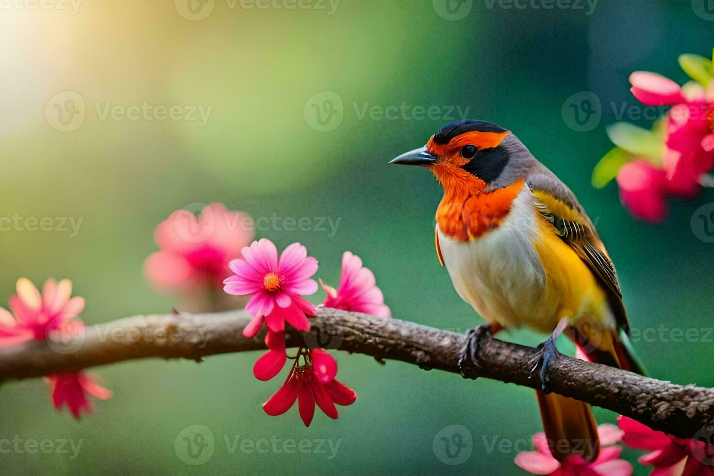 a bird sitting on a branch with pink flowers. AI-Generated photo
