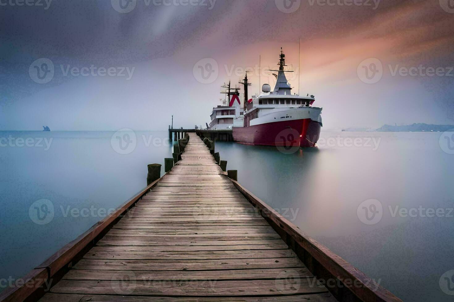 a boat docked at the end of a pier. AI-Generated photo